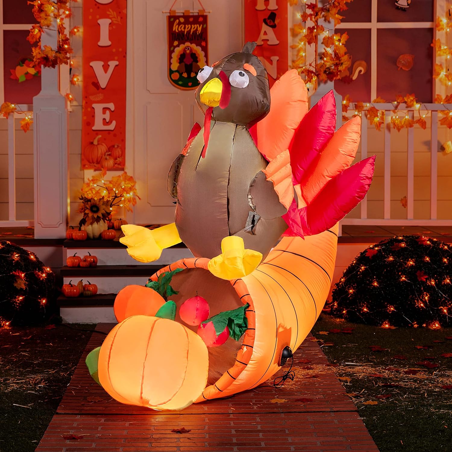 Thanksgiving Inflatable Turkey on Cornucopia 5 FT LED Light Up Blow Up Turkey for Autumn Thanksgiving Decorations