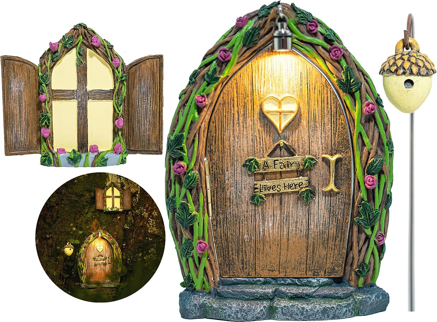 Garden Fairy Door and Window for Trees with Light Outdoor Decor Accessories