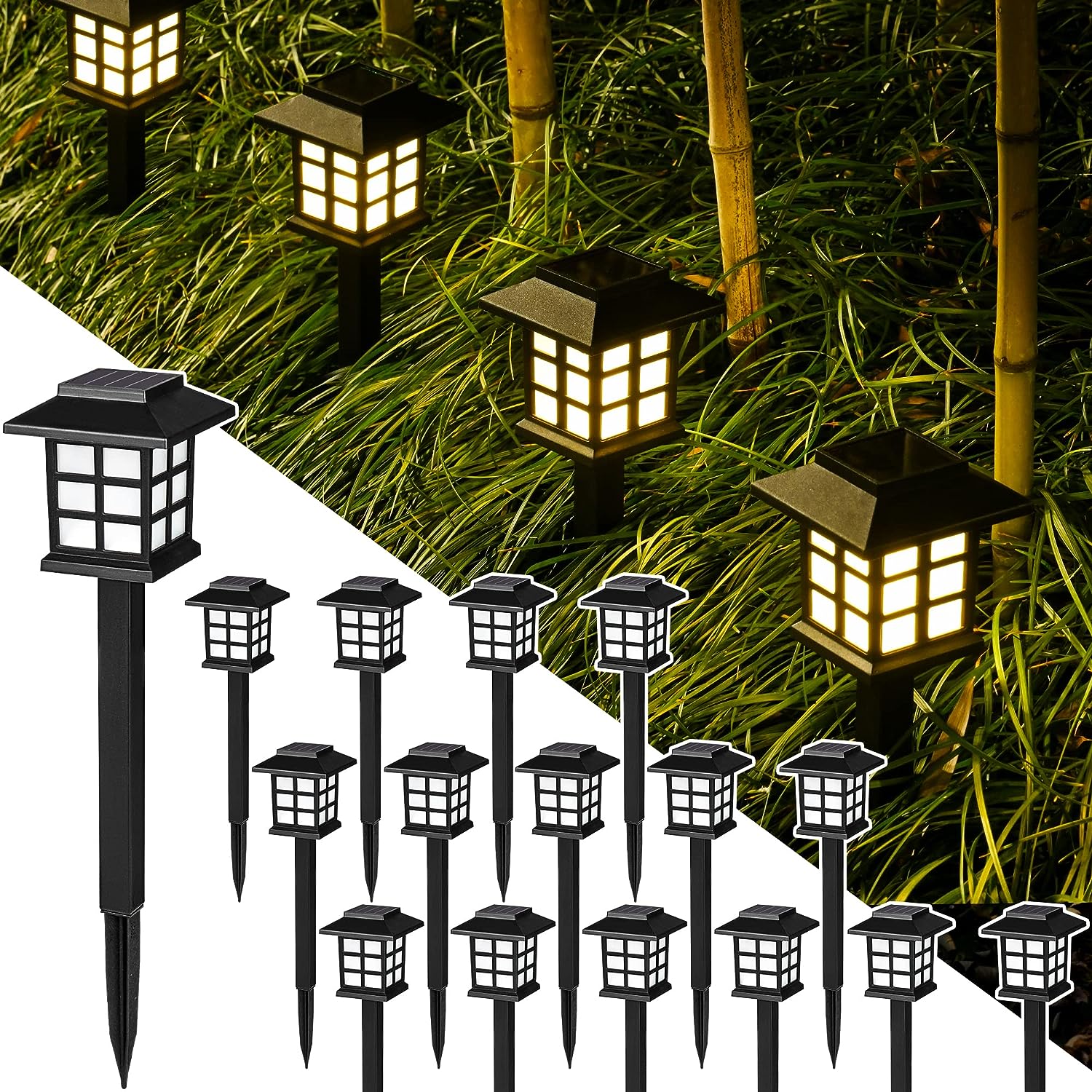 Solar Outdoor Lights 16 Pack LED Solar Walkway Lights Outdoor, Black