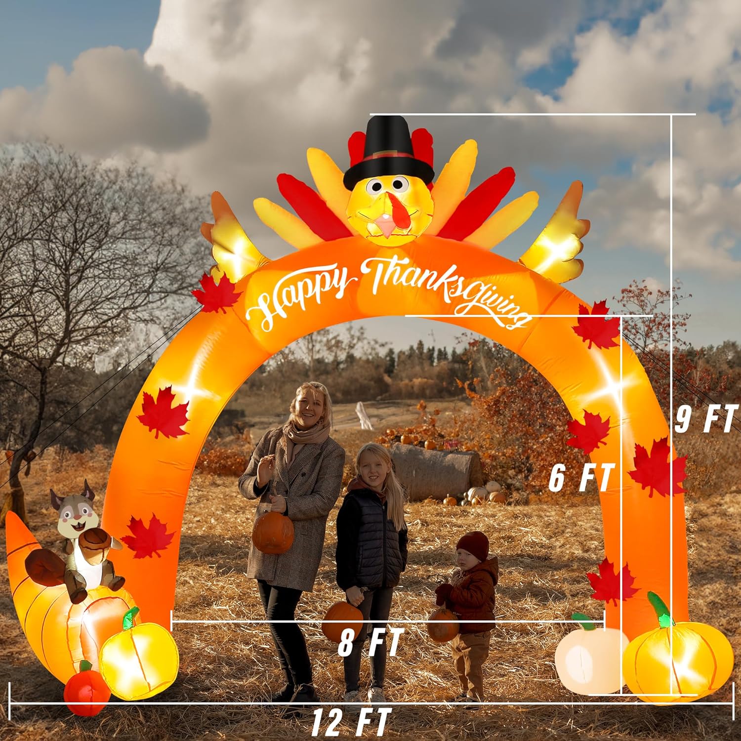 Thanksgiving Inflatable Decor 12FT Turkey Arch with Squirrel Pumpkins, Pre-lit Thanksgiving Blow Up Yard Decorations
