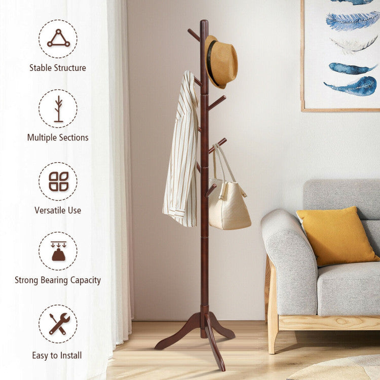 Adjustable Wooden Tree Coat Rack with 8 Hooks (Brown)