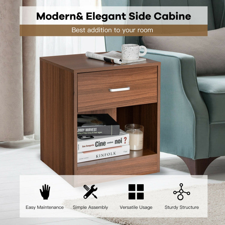 2 Tier Wooden Nightstand Storage Drawer Open Cabinet (Brown)