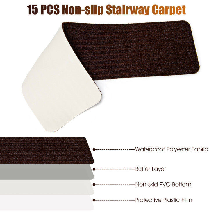 Slip-Resistant Stair Treads 15-Pack Soft Carpet Stair Treads (Brown)