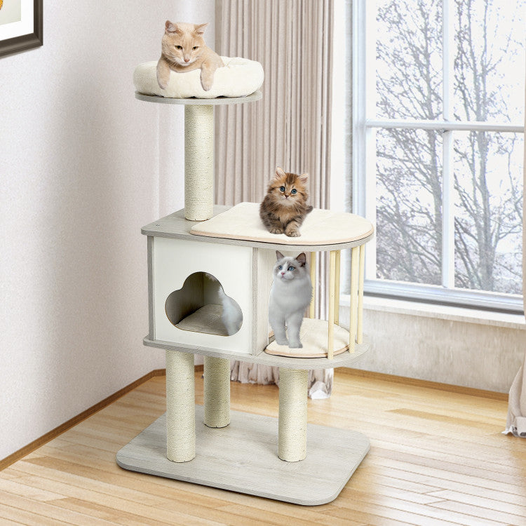 Wooden Cat Activity Tree 46" with Platform and Cushions for Pets