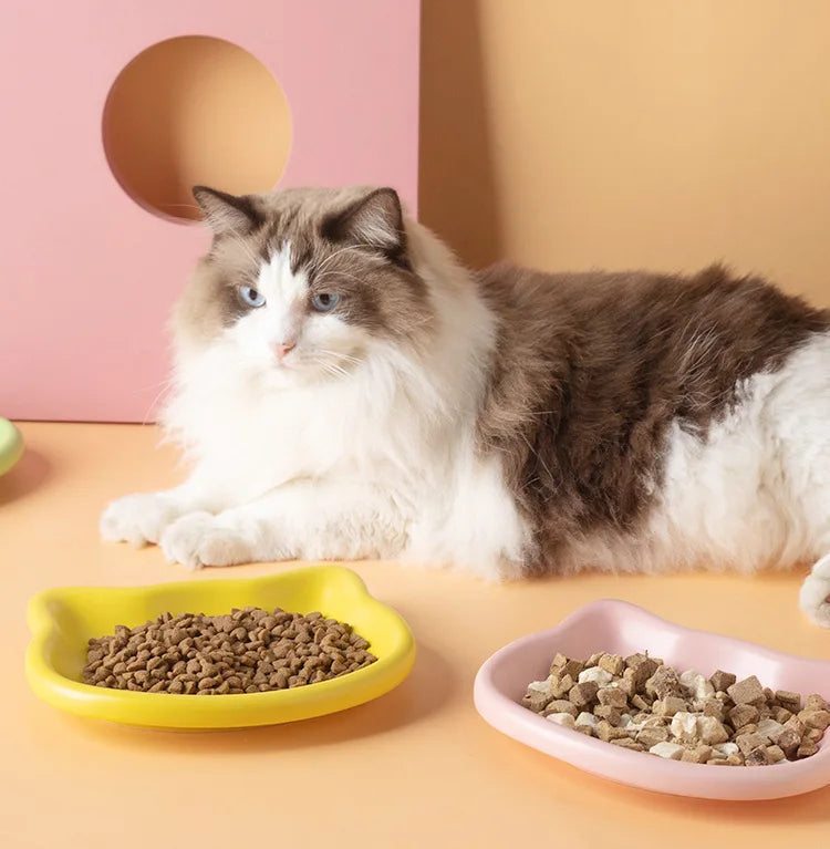 Ergonomic Dwarf Cat Food Plate Low-Profile Dish for Flat-Faced Cats (Yellow)
