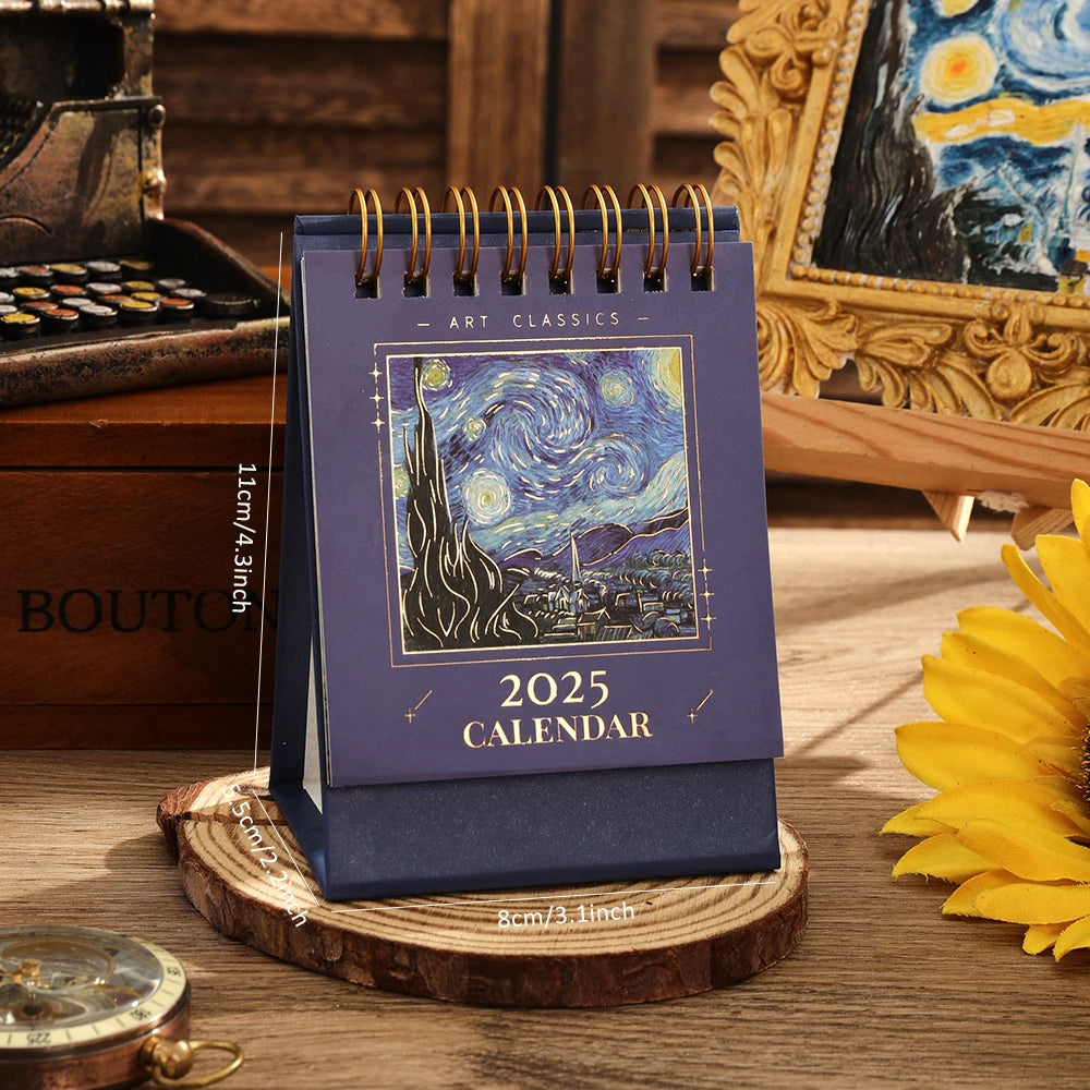 2025 Vintage Mini Bronzing Painting Desk Calendar Tabletop Flip (Starry Night)