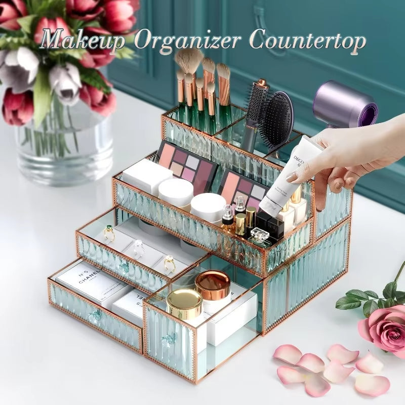Luxury Tempered Glass Vanity Organizer for Makeup Hair Tools (Green)