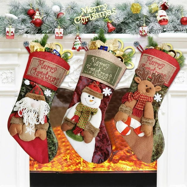 Christmas Stockings 3 Pack 18" Santa Snowman Reindeer Christmas Stocking