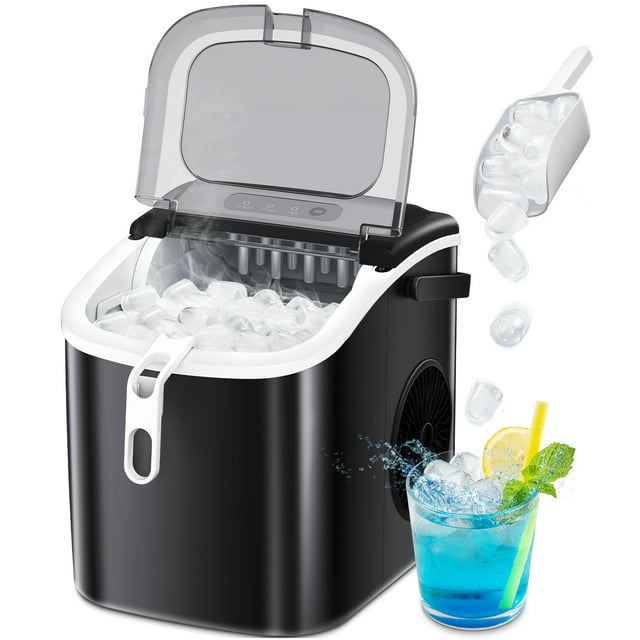 Ice Maker Portable Ice Machine with Handle, , 9 Cubes Ready in 6 Mins, One-Click Operation Ice Makers with Ice Scoop and Basket, Black