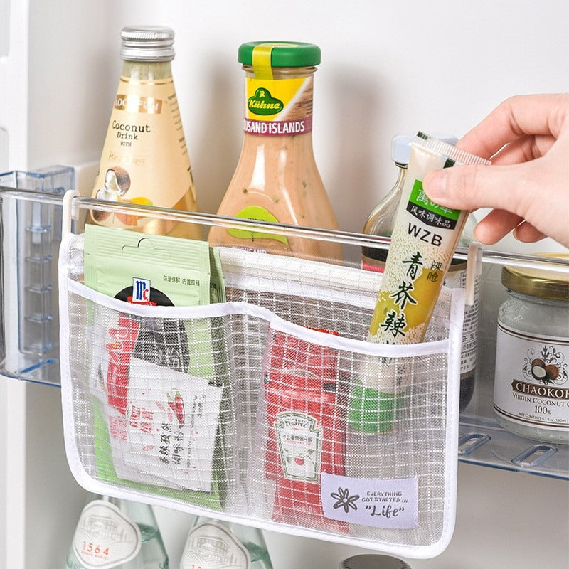 Refrigerator Storage Net Bag Hanging Type Household Kitchen Organizer (White)