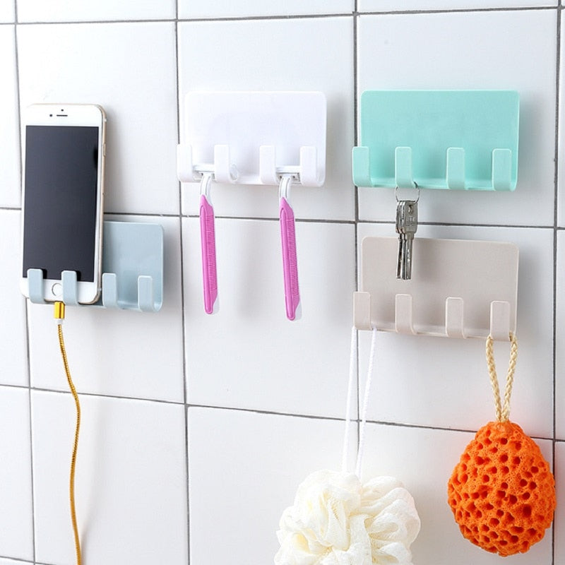 Bathroom 4 Hook Storage Rack Wall Mounted Shaver Holder Kitchen Cabinet Organizer Phone Charging Rack