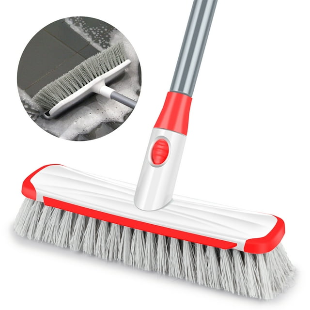 Floor Scrub Brush with Long Handle for Cleaning 2 in 1 Scrape and Stiff Bristle Scrubber Brush