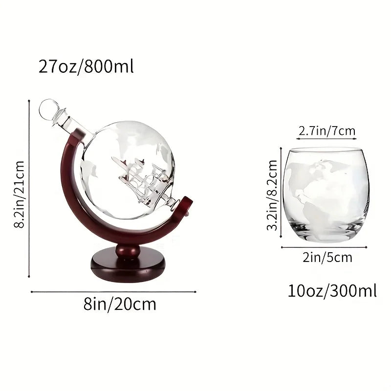 World Map Etched Glass Decanter Cup Set (3-Piece)