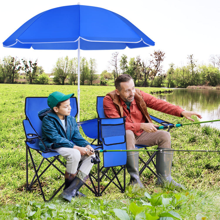 Portable Folding Picnic Double Chair With Removable Umbrella (Blue)
