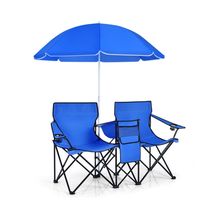 Portable Folding Picnic Double Chair With Removable Umbrella (Blue)