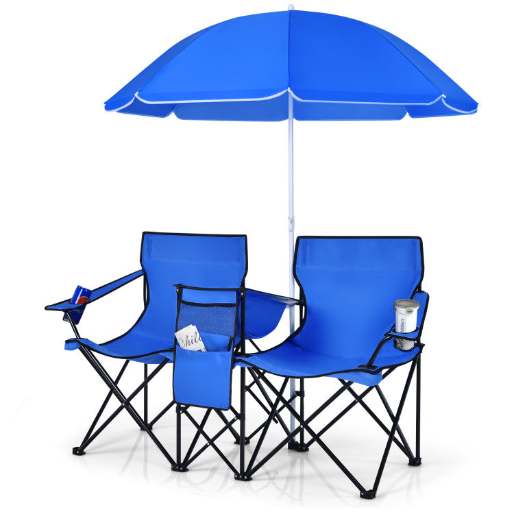 Portable Folding Picnic Double Chair With Removable Umbrella (Blue)