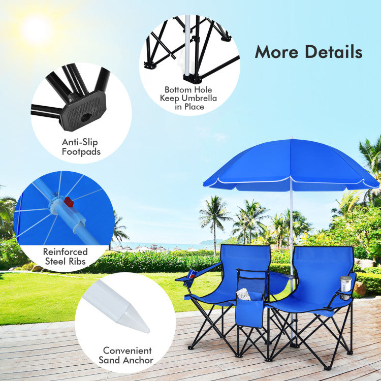 Portable Folding Picnic Double Chair With Removable Umbrella (Blue)