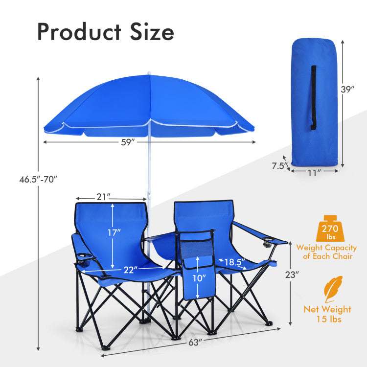 Portable Folding Picnic Double Chair With Removable Umbrella (Blue)