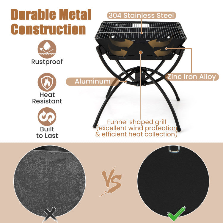 Portable Campfire Grill 3 in 1 Stainless Steel Grates (Black)