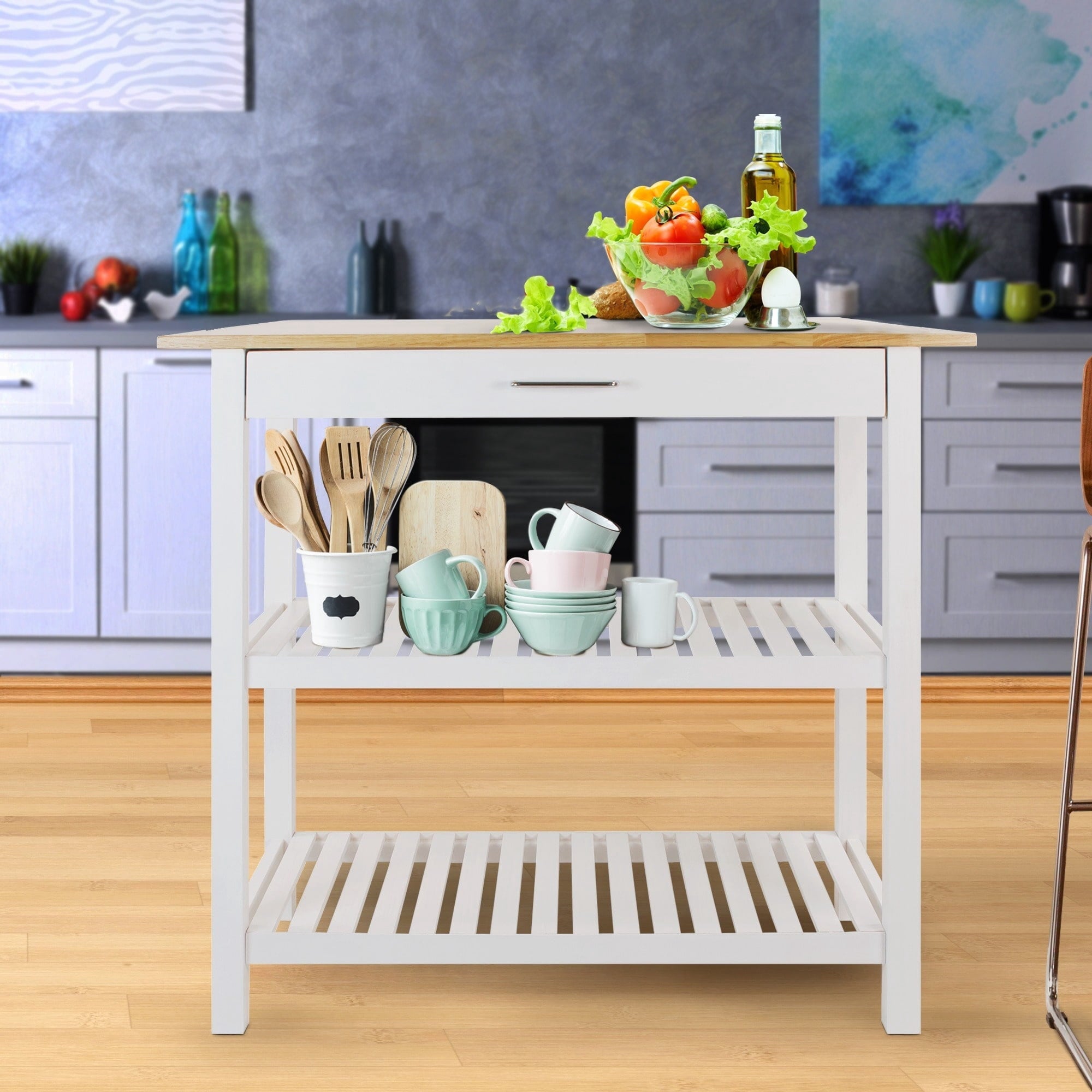 Kitchen Island Bar Station with Hardwood Counter and Storage, White