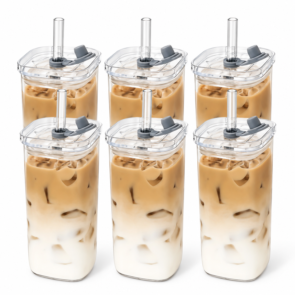 Square Glass Cups with Lids and Straws 6-Pack 13 oz – Reusable Iced Coffee Tumblers with Cleaning Brush for Smoothies, Boba Tea, Home, Office &amp; Travel