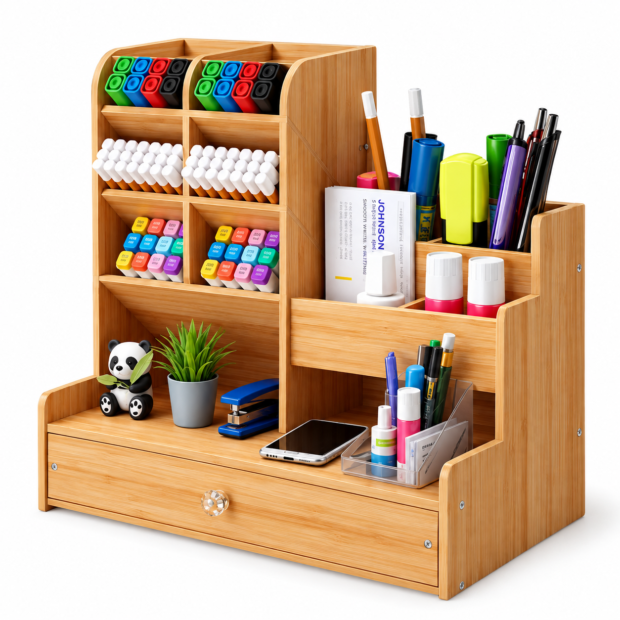 Wooden Desk Organizer with Drawer – Multi-Compartment Pen Holder and Stationery Storage Box for Office, Study Room & Home
