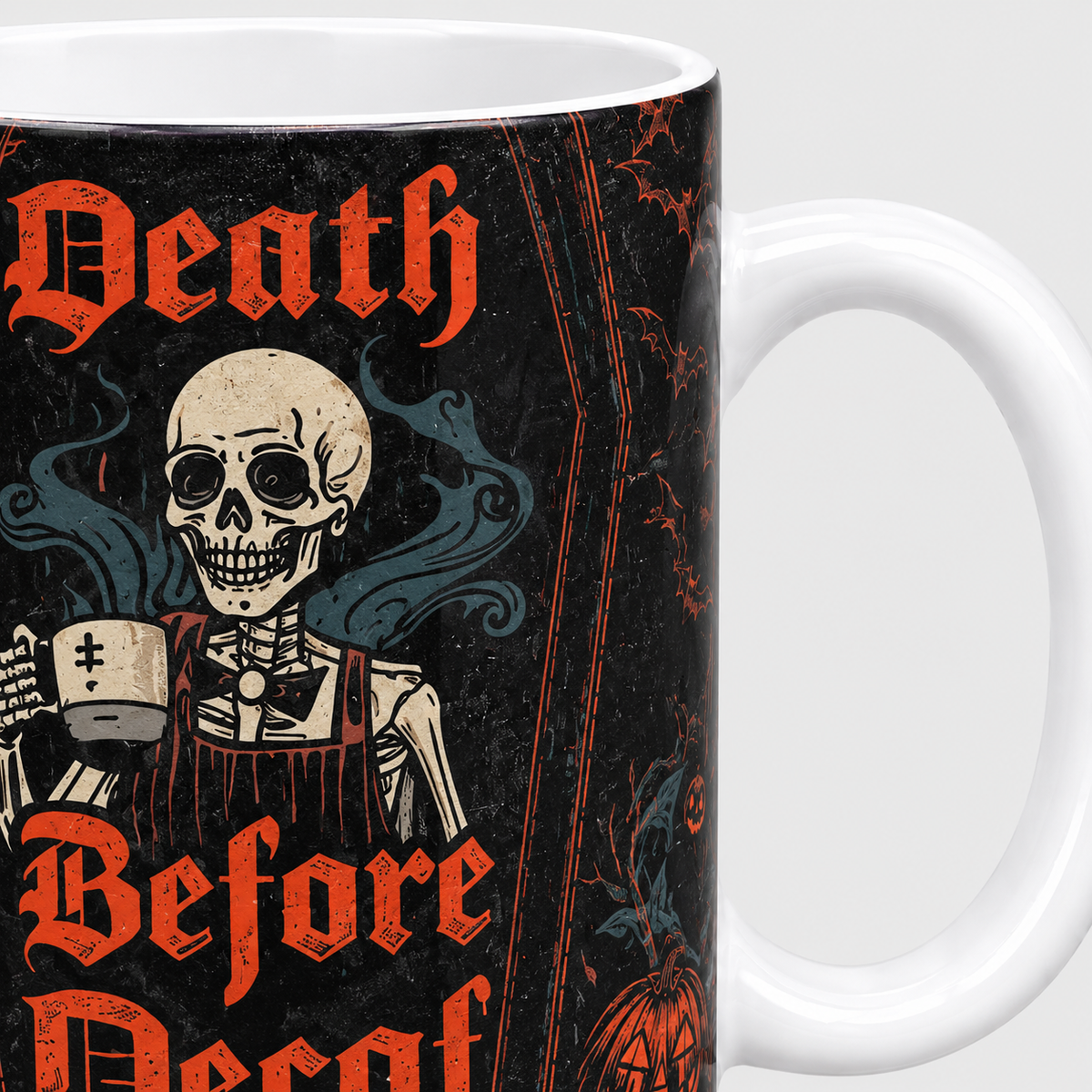 Halloween Death Before Decaf Mug 11 oz Ceramic Coffee Cup, Funny Halloween Gift for Home &amp; Office