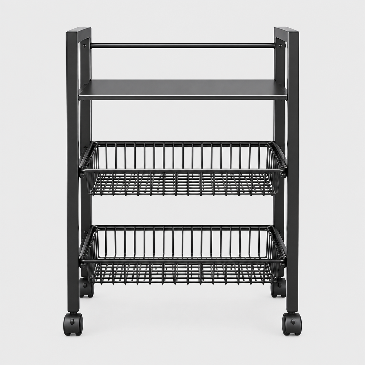 3-Tier Rolling Storage Cart with Wheels, Mobile Utility Organizer with Flat Top Shelf &amp; 2 Wire Baskets, Metal Kitchen, Bathroom &amp; Laundry Cart