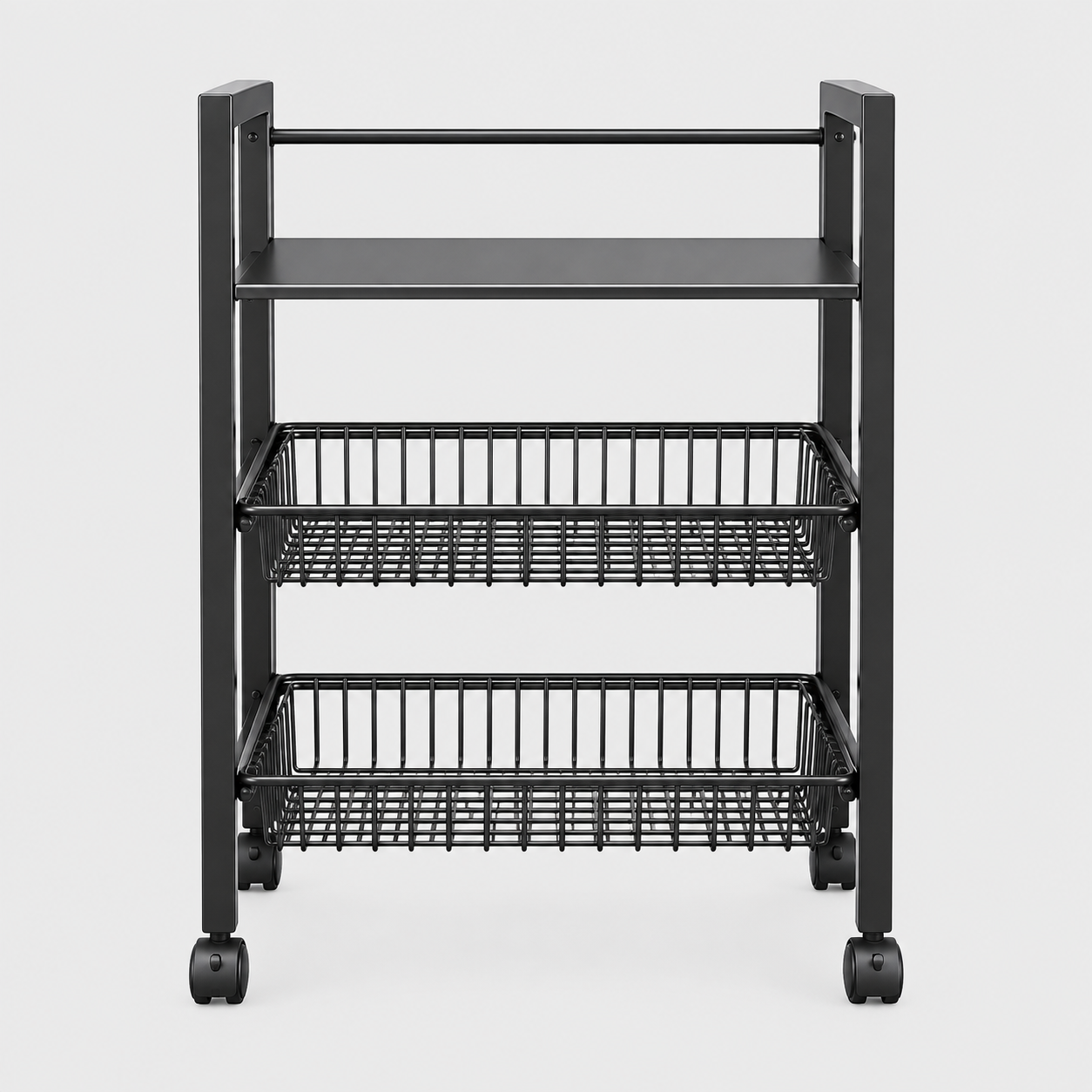 3-Tier Rolling Storage Cart with Wheels, Mobile Utility Organizer with Flat Top Shelf & 2 Wire Baskets, Metal Kitchen, Bathroom & Laundry Cart
