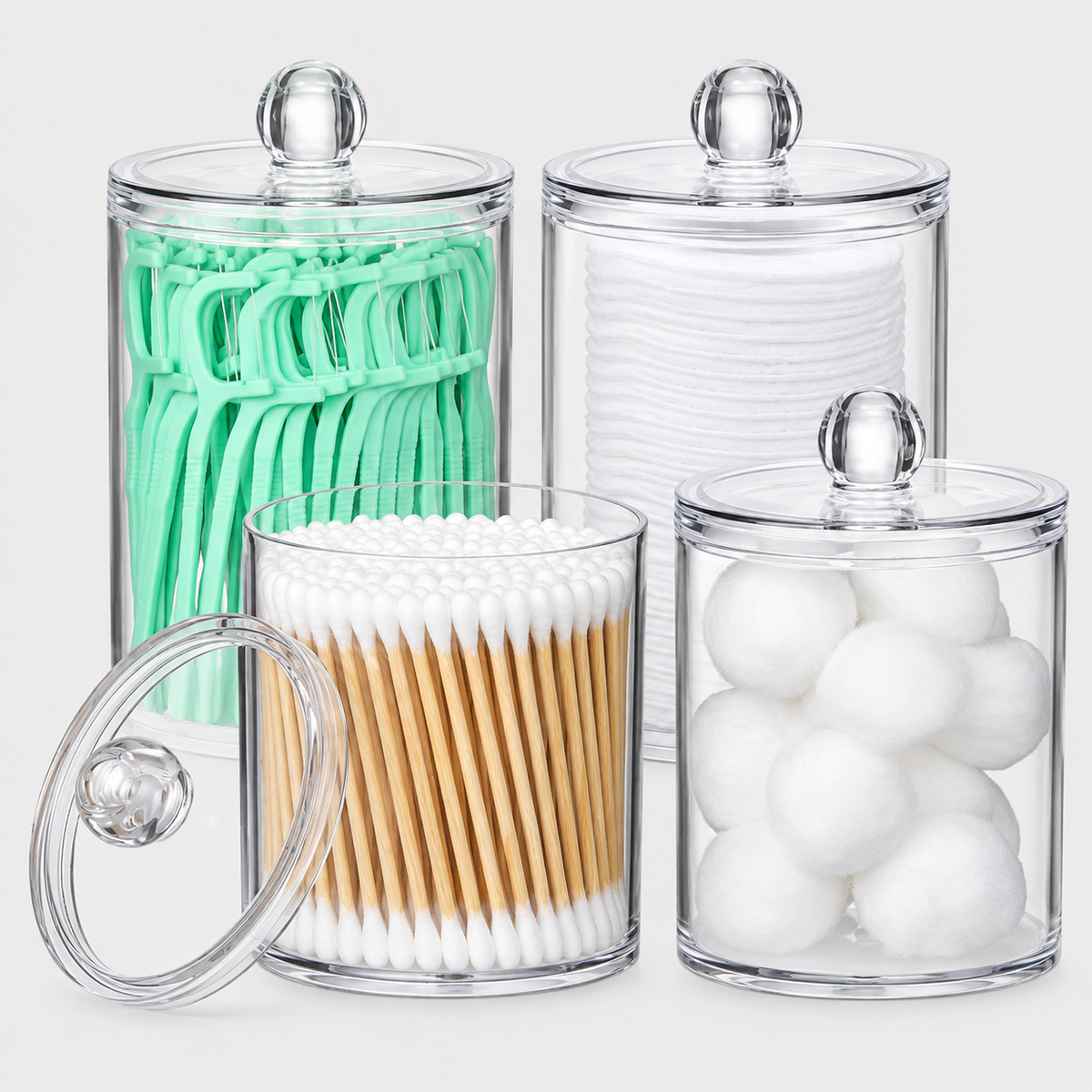 Acrylic Qtip Holder Dispenser, 4-Pack Cotton Swab &amp; Cotton Ball Holder, Makeup Pad Storage Container, Clear Bathroom Vanity Organizer, Small Apothecary Jar