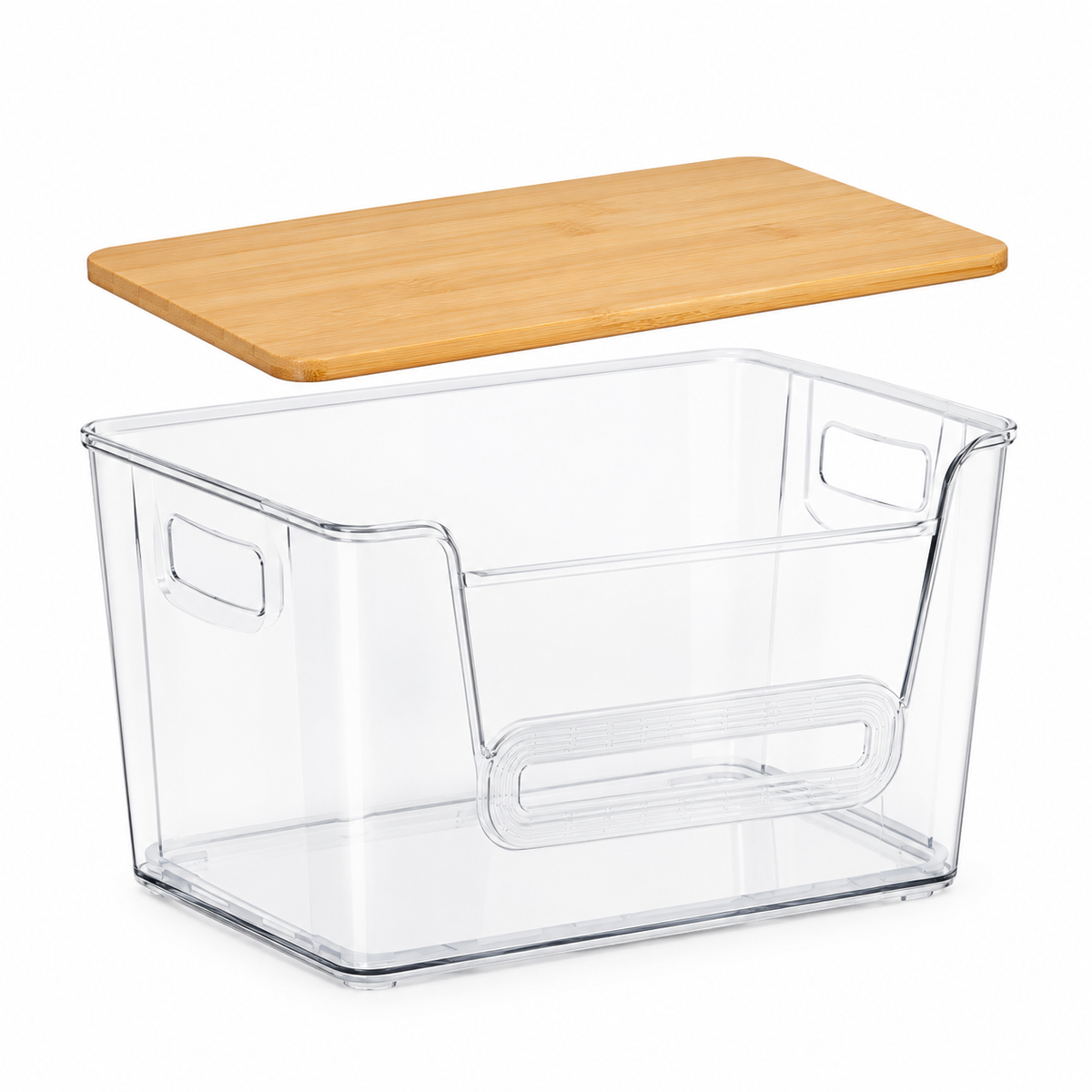 Bamboo Lid Refrigerator Storage Organizer, Transparent Stackable Fridge Storage Bin with Pull Handle, Food &amp; Beverage Organizer for Juice, Dairy, Produce, Pantry &amp; Kitchen Countertop