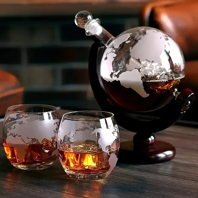 World Map Etched Glass Decanter Cup Set (3-Piece)