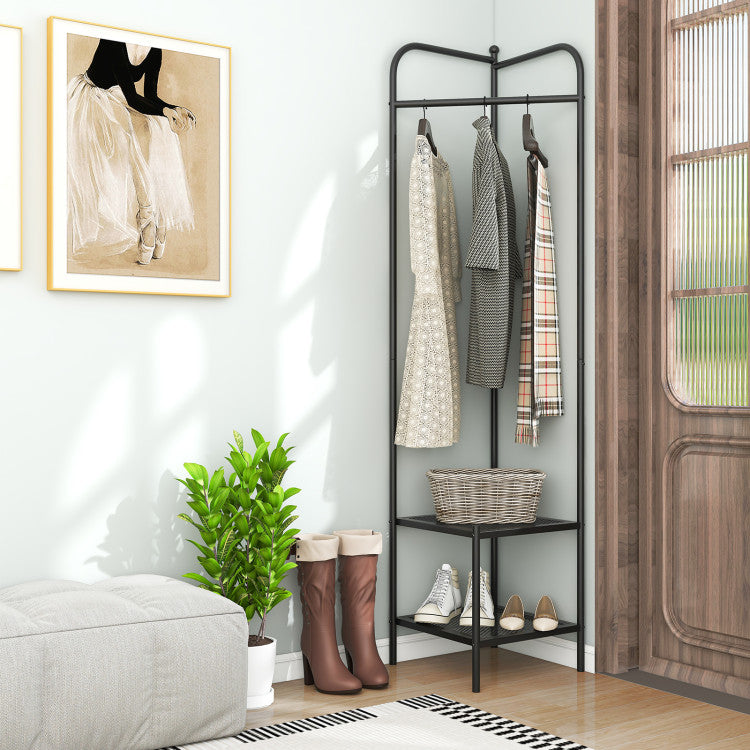 Entryway Corner Hall Tree with Hanger Shelves (Black)