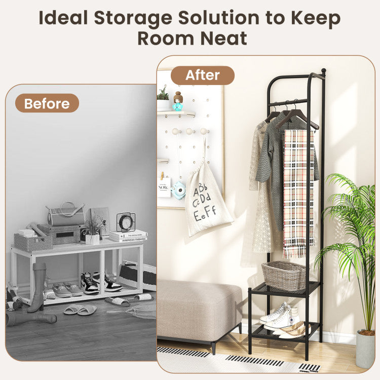 Entryway Corner Hall Tree with Hanger Shelves (Black)