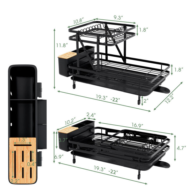 Folding Dish Drainer Rack with Removable Drip Tray (Black)