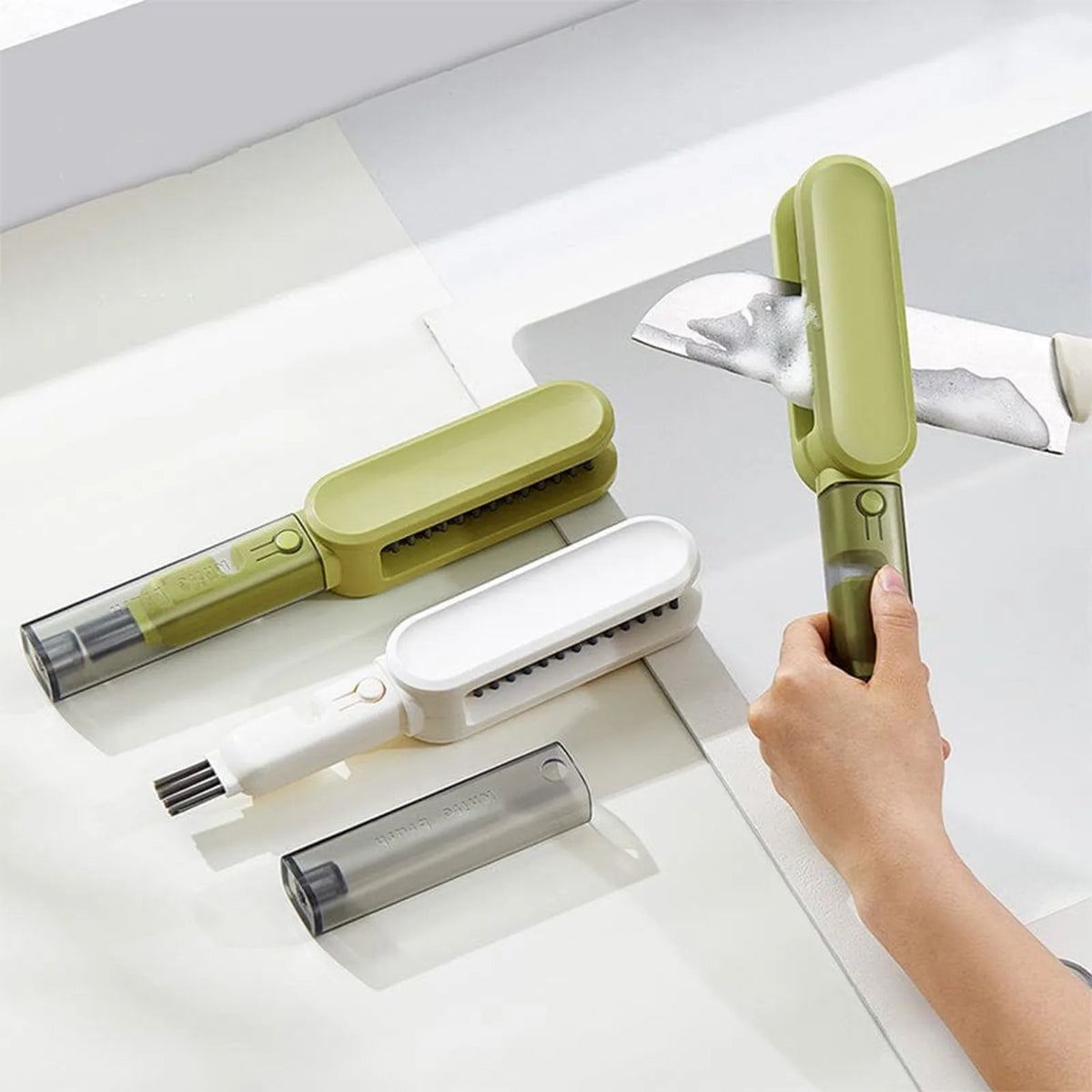 Silicone Kitchen Tool Cleaning Brush Set with Scrubber (Green)