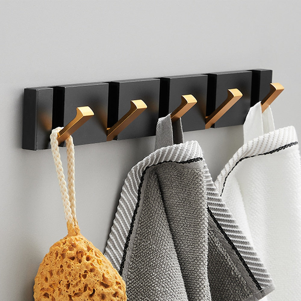 Folding Towel 5 Hook Hanger, 2 Ways Installation Wall Hooks Coat Clothes Holder (Black Gold)