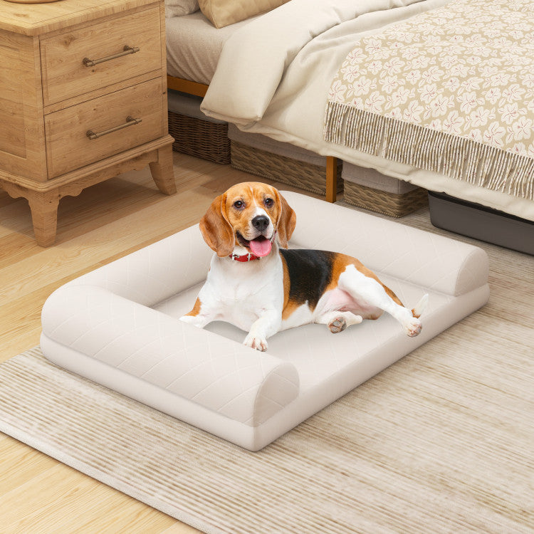 Egg Foam Dog Crate Bed with 3-Side Bolster and Removable Washable Bed Cover (Beige)