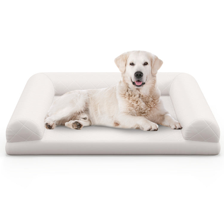 Egg Foam Dog Crate Bed with 3-Side Bolster and Removable Washable Bed Cover (Beige)