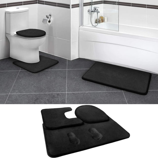 Memory Foam Bath Mat Set, 3 Piece Bathroom Rugs Non Slip and Absorbent Mats, 20" x 31" &  20" x 22", Black