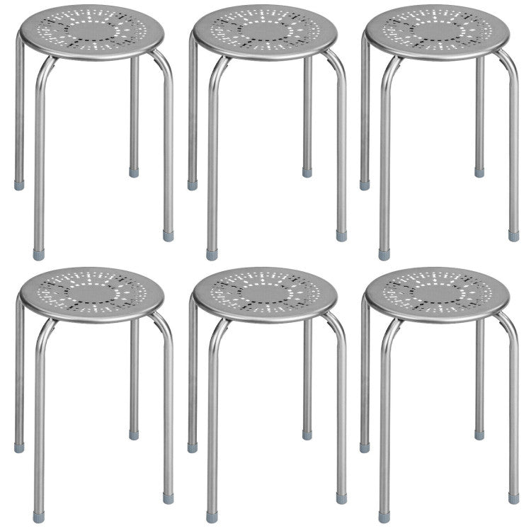 Stackable Multifunctional Daisy Design Backless Round Metal Stool Set 6-Pack, Gray