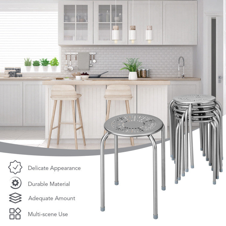Stackable Multifunctional Daisy Design Backless Round Metal Stool Set 6-Pack, Gray