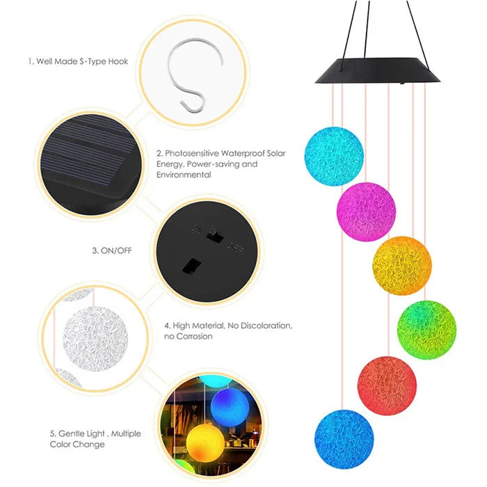 Outdoor Solar Powered Wind Chime Crystal Ball with Colorful LED Lights For Home Garden