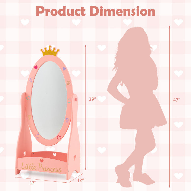 Kids Princess Mirror with 360 Degree Rotatable Design and Shelf, Pink