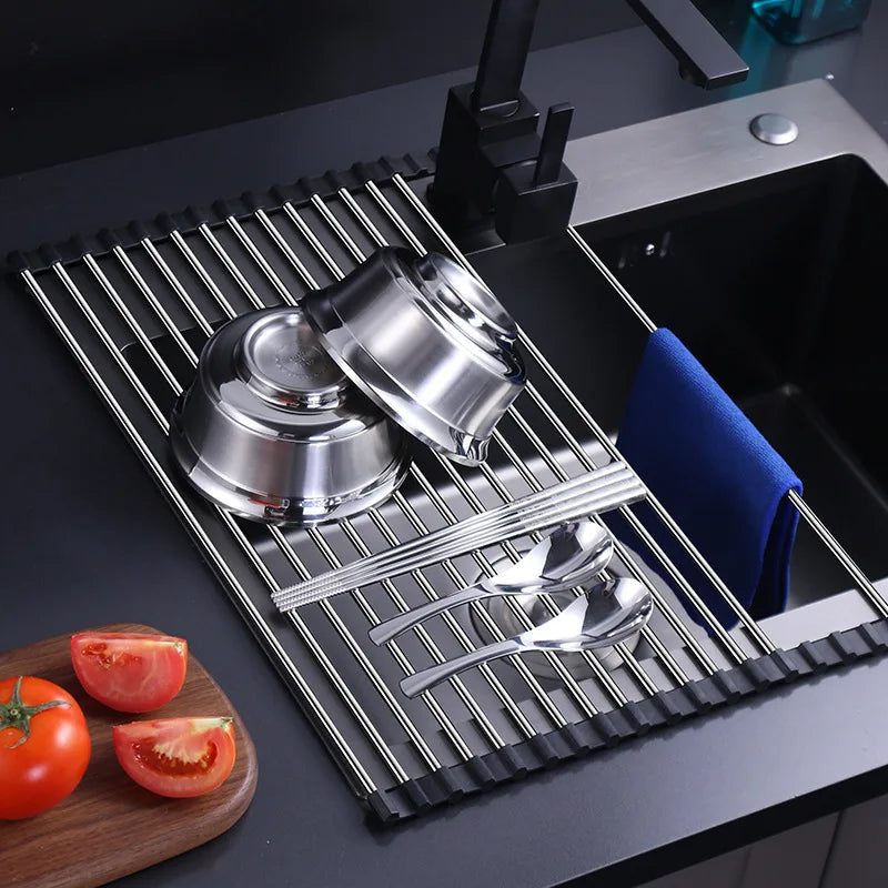 Kitchen Roller Shutter Drain Rack, 304 Stainless Steel Bowl Fruit Vegetable Dish Holder Sink Storage Folding Roller Shutter Racks