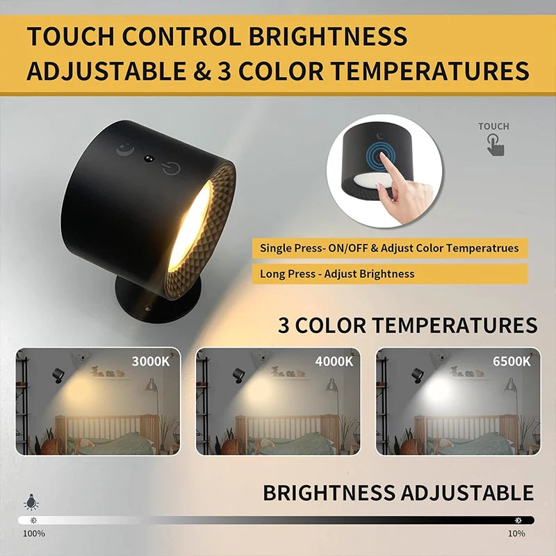 Double Head Wall Lamp with Night Light 1 Pack: Touch Control, Remote, Rotatable (Black)