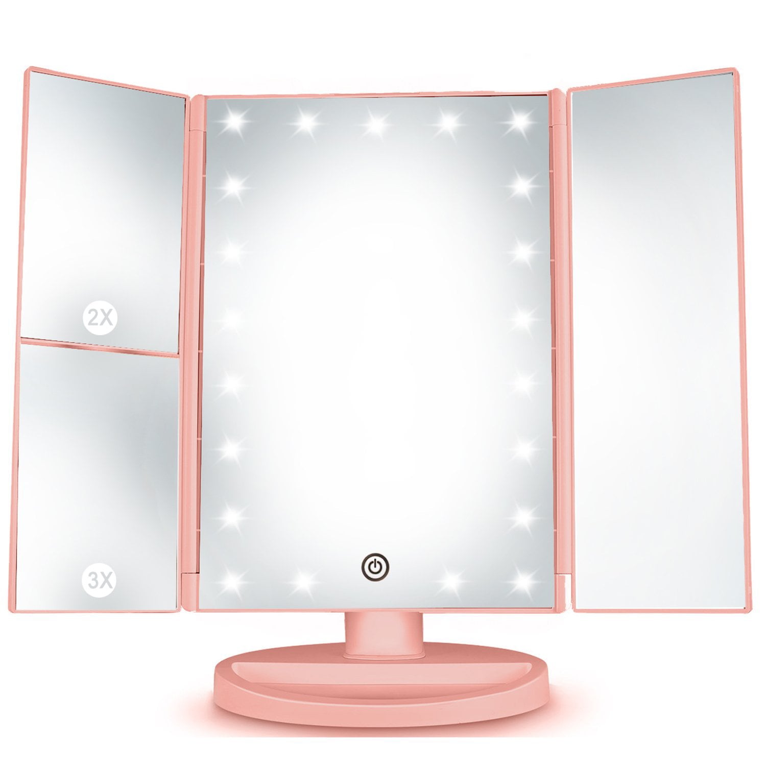 Cosmetic Makeup Vanity Mirror Magnifying with 21 LED Lights, 3X/2X Magnified Travel Foldaway Mirror, 180 Degree Rotation Pink