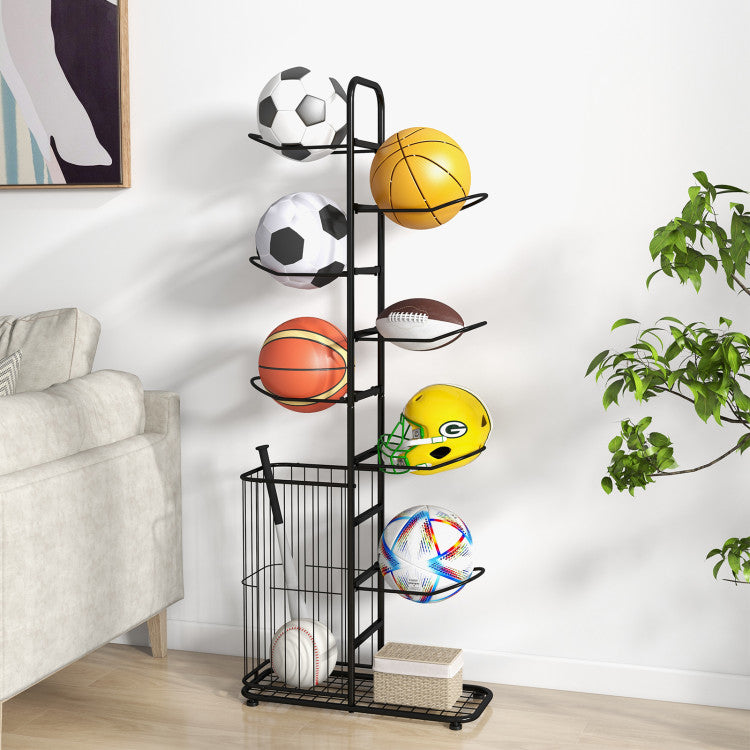 Metal Basketball Holder 7 Hanging Rods Side Ball Basket