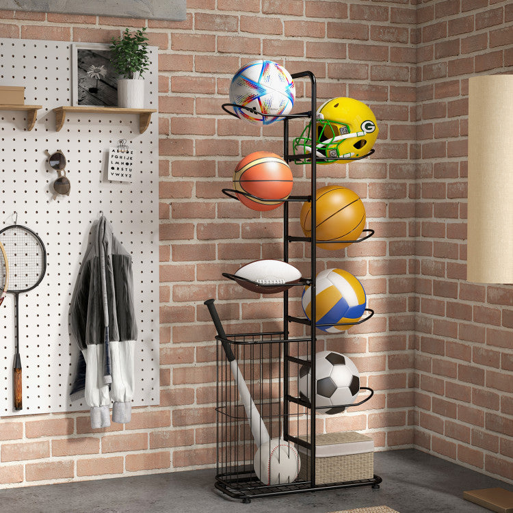 Metal Basketball Holder 7 Hanging Rods Side Ball Basket