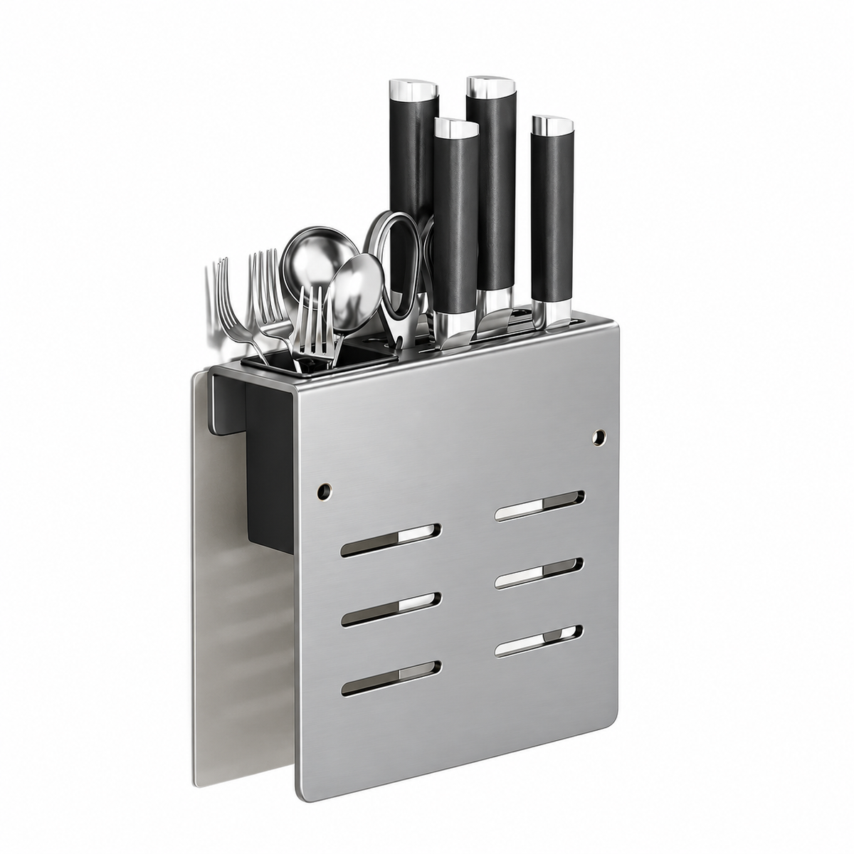 Wall-Mounted Kitchen Knife Holder with Cutting Board &amp; Chopstick Storage Rack (Gray)